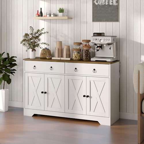 HOMCOM 48" Sideboard Buffet with Storage, Kitchen Storage Cabinet with 2 Drawers and 4 Barn Doors