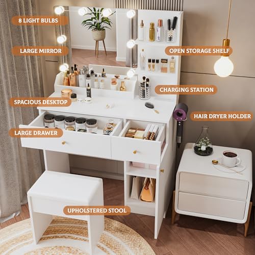 Vanity Desk with Mirror and Lights Dimmable LED Makeup Table with Drawers Side Cabinet 3 Storage Shelves Power Outlet Dressing Table Set Include