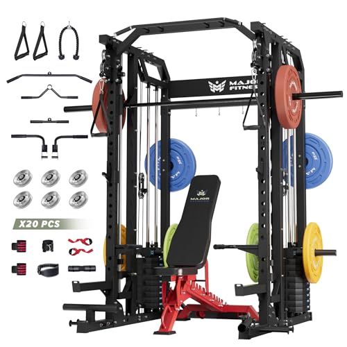 Major Fitness Smith△ Machine Drone2 Premium, All-in-One Home Gym Squat Rack with Aluminum Pulley Set , Weight Bar