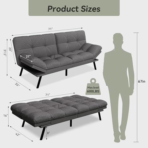 71" Convertible Futon Sofa,Faux Leather Futon Couch Bed,Sleeper Sofa Bed,Memory Foam Modern Folding Small Loveseat for Living Room,Office,Apartment