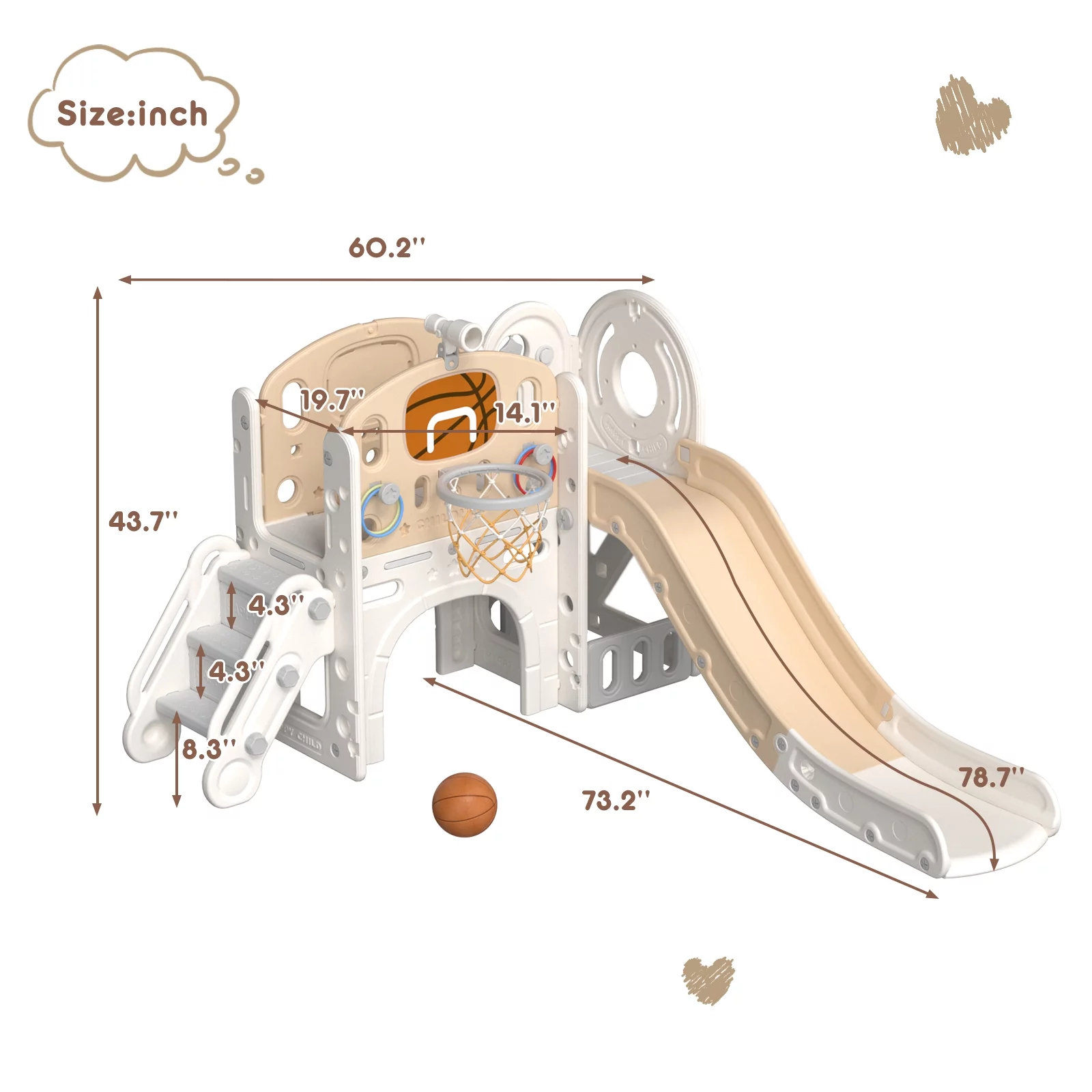 KORIMEFA 7-in-1 Kids Slide with Climber, Toddler Climber Slide Play Set with Basketball Hoop, Tunnel, Telescope and Storage Space