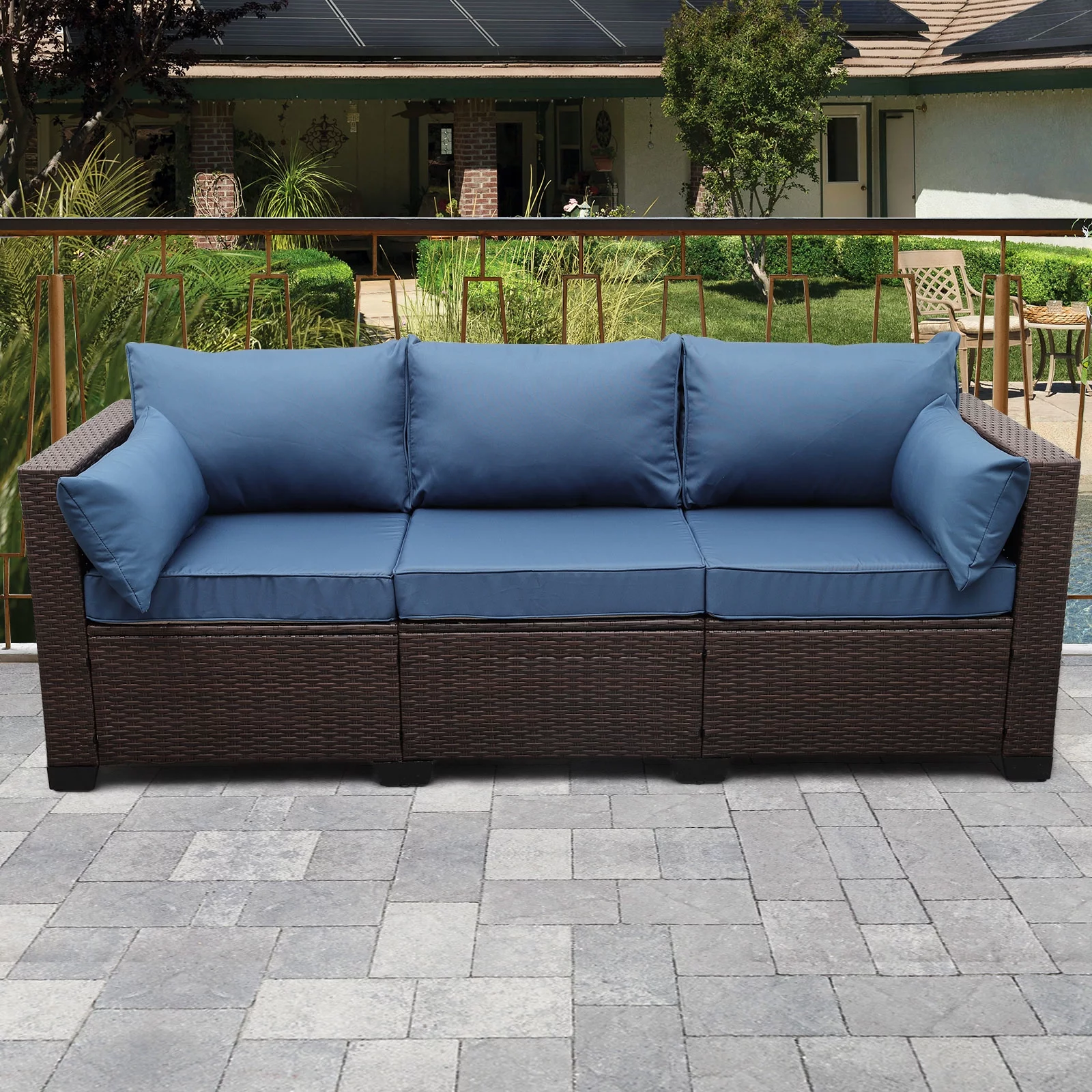 3-Seat Patio Wicker Sofa Outdoor Rattan Couch Furniture Steel Frame with High Back NO-Slip Cushioned, Blue - Radiant Selections