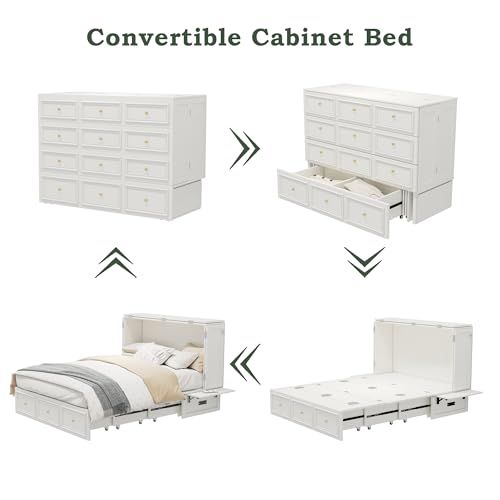 Murphy Bed Cabinet Full, Solid Wood Murphy Bed with 2 USB & 2 Charging Ports, Large Storage Drawer for Home Office or Small Space