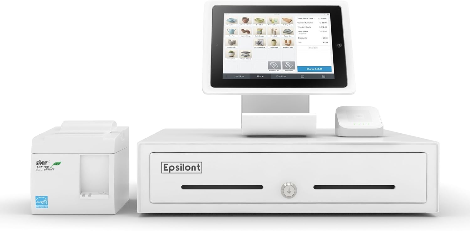 Star Micronics TSP143III USB Receipt Printer, Stand for 10.2” & 10.5” iPads, Epsilont Cash Drawer, Compatible with Square (White)