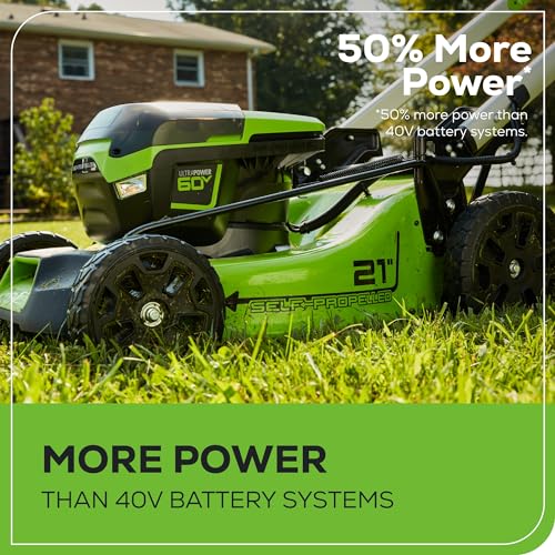 Greenworks 60V 21” Cordless (Self-Propelled) Lawn Mower (LED Lights + Aluminum Handles), 2 x 4.0Ah Batteries and Dual Port Rapid Charger