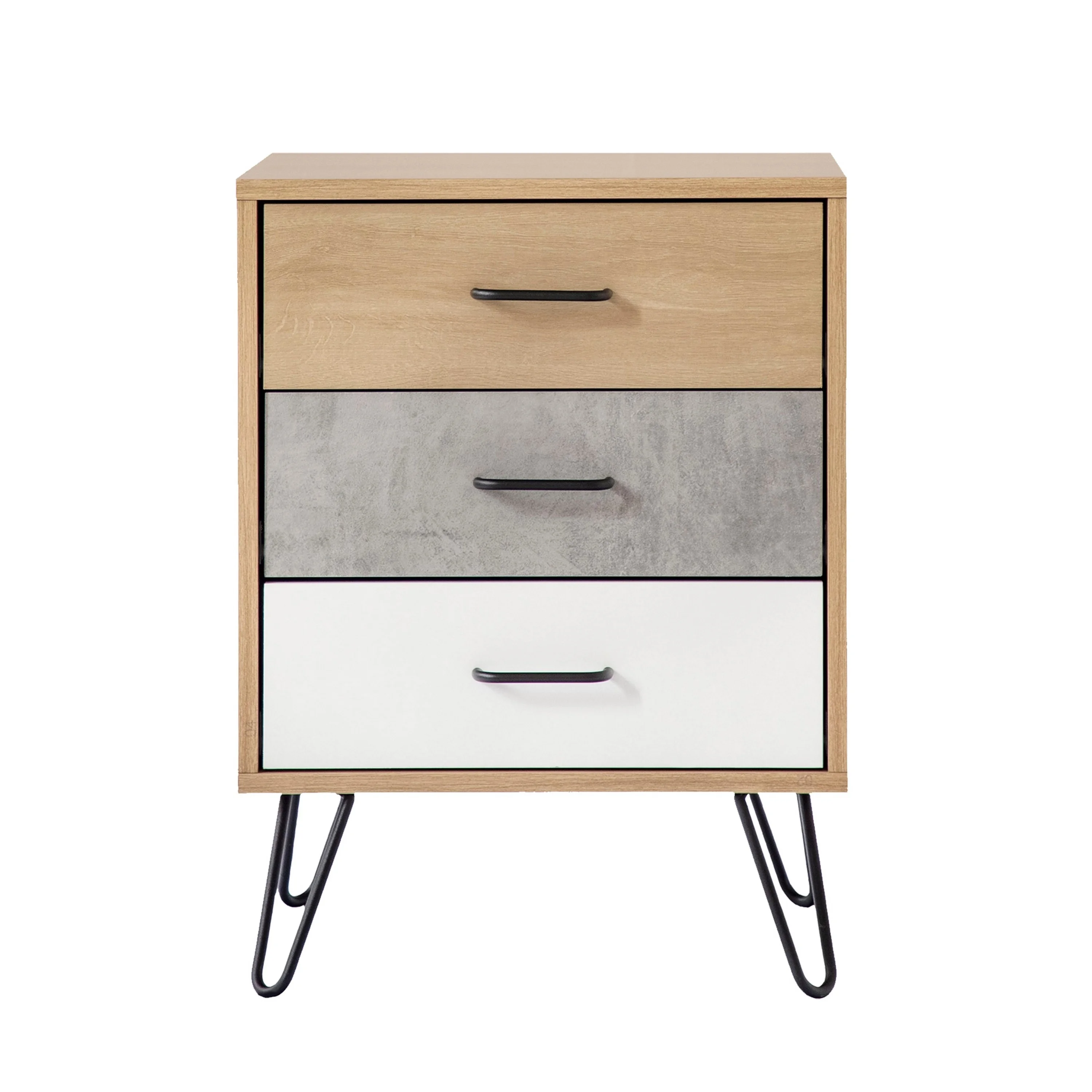 Harper 24 Inch Handcrafted Modern Tricolor Wood Nightstand, 3 Drawers, Metal Hairpin Legs, Oak, White, Gray