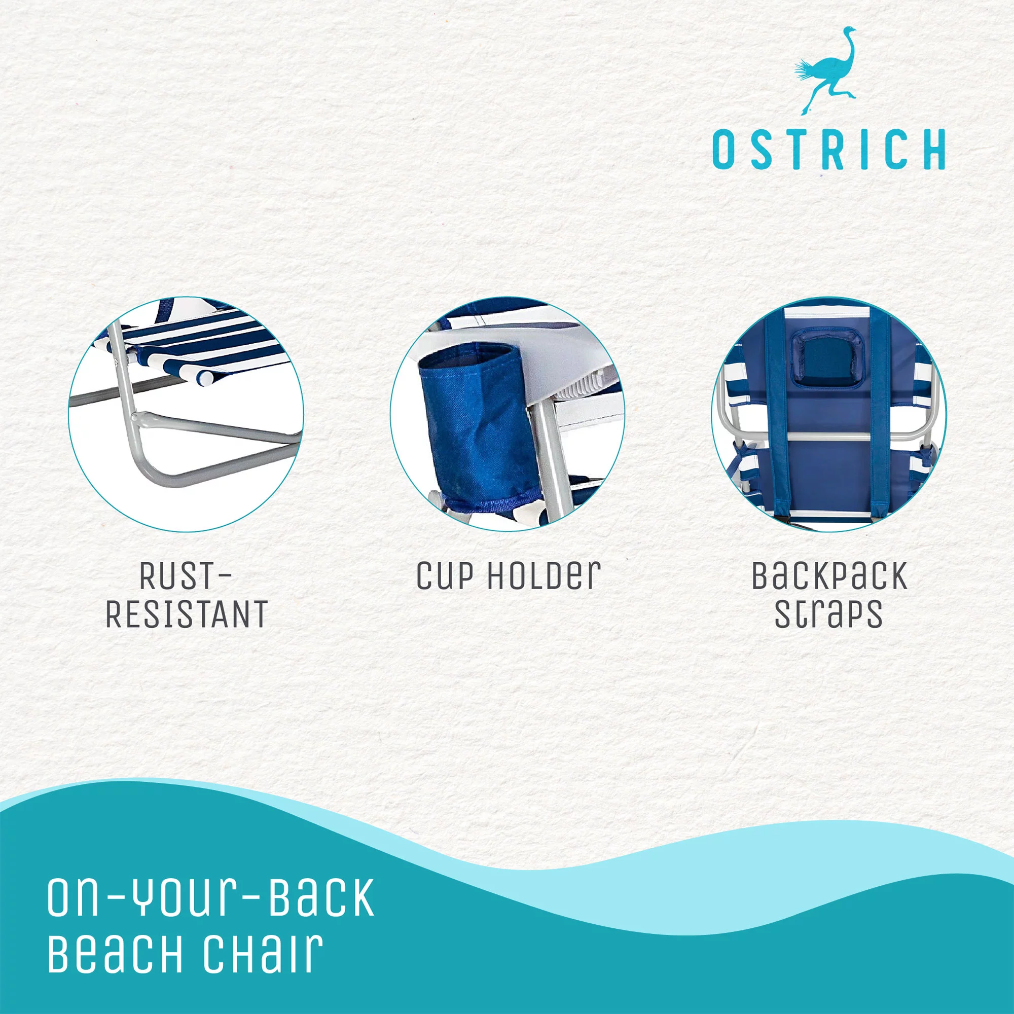 Ostrich 3N1 Reclining Beach Chair & On-Your-Back Beach Chair, Striped Blue