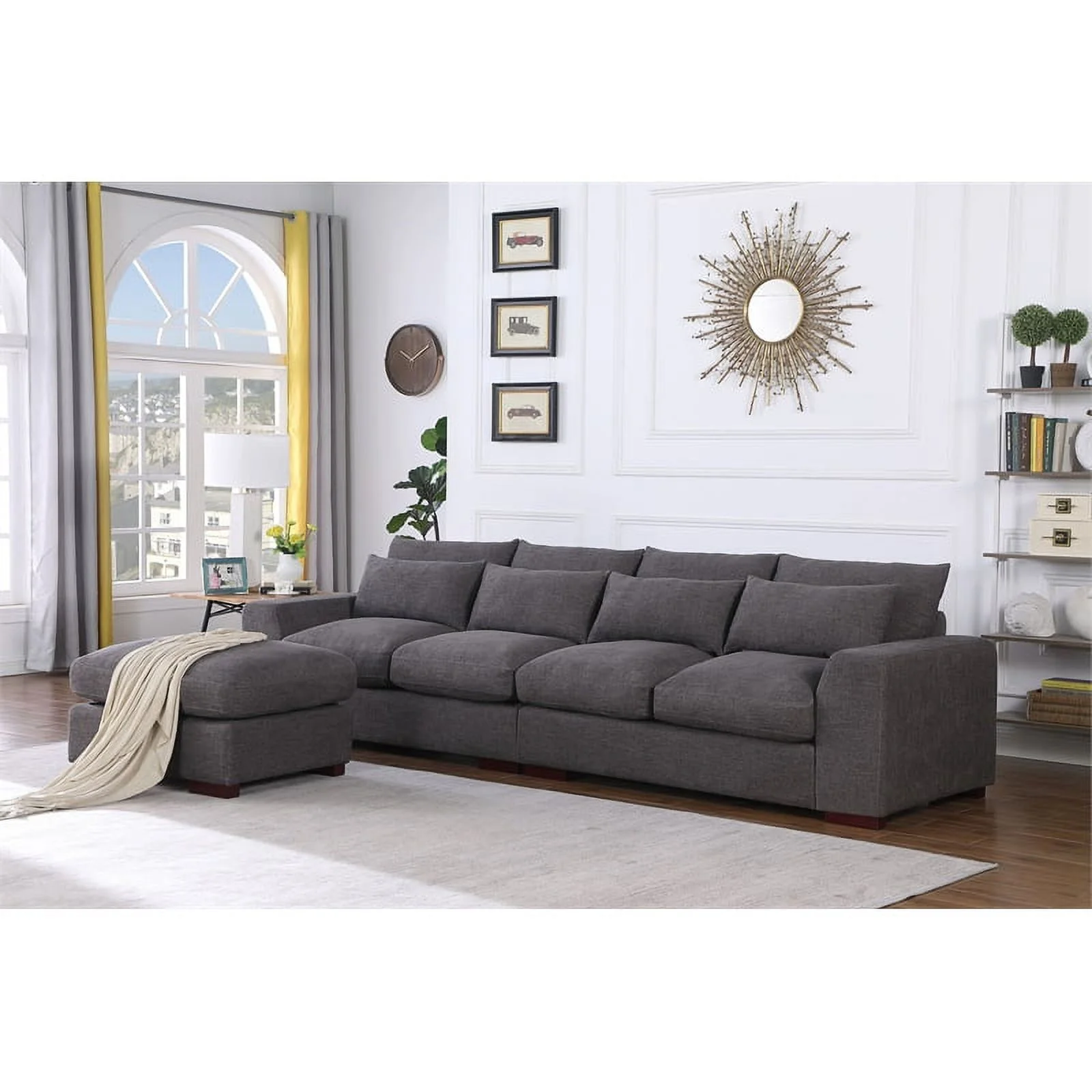 Pemberly Row Square Arm Modular Reversible Sectional Sofa & Ottoman-Dark Gray