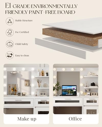 Vanity Desk with Mirror and Lights, Makeup Vanity with Drawer & Storage Shelves, Cabinet, 3 Lighting Modes Adjustable Brightness