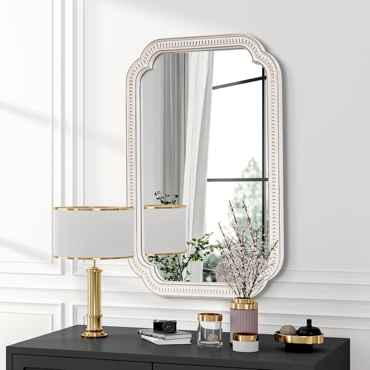 Farmhouse-Mirror, Large Wood Frame Wall-Mirror-Decorative with Arched Corners, 36 x 25 in Farmhouse Bathroom Vanity Mirror