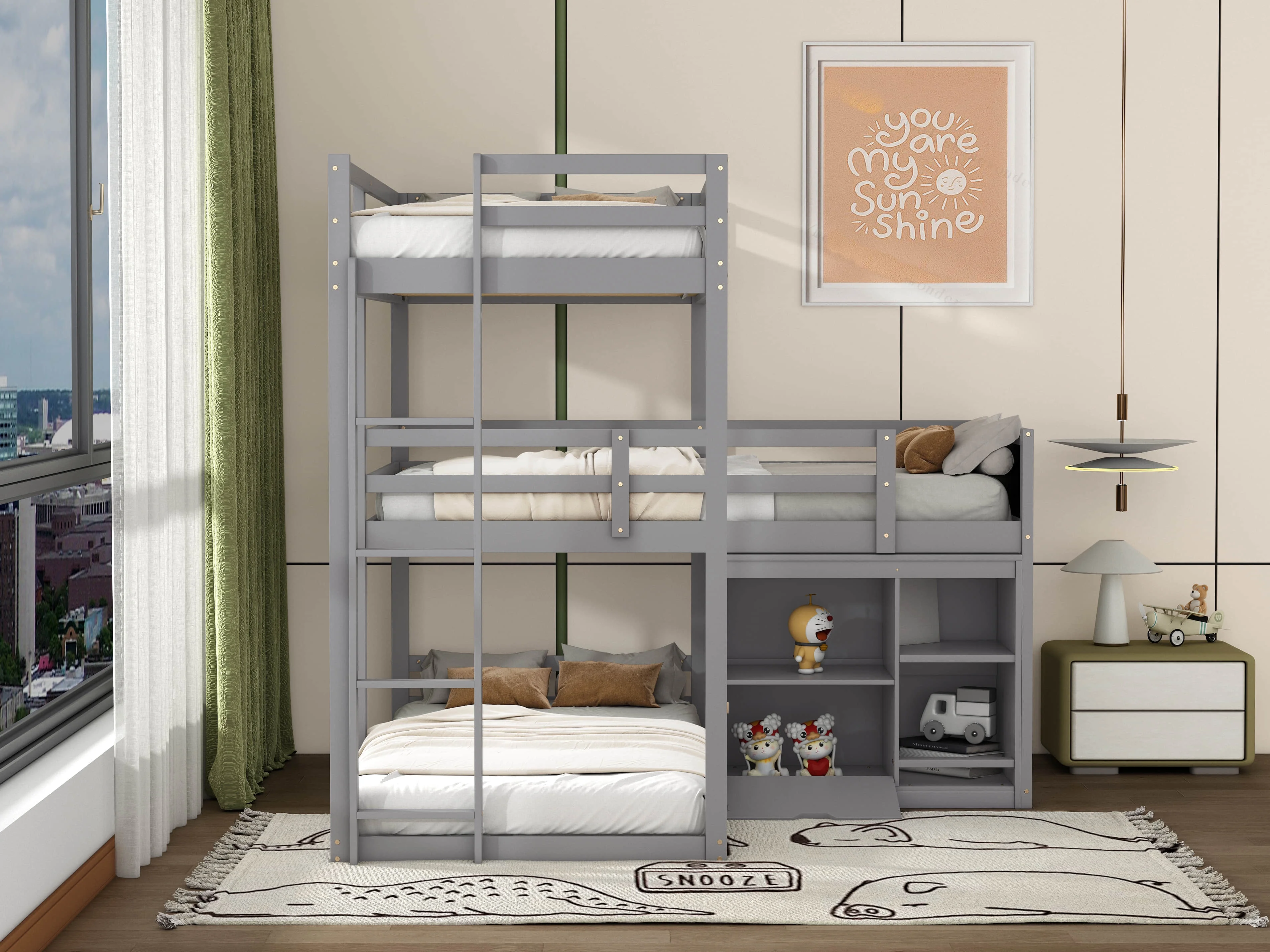 L-shaped Wood Triple Twin Size Bunk Bed with Storage Cabinet and Blackboard, Ladder - Curated Treasures Market