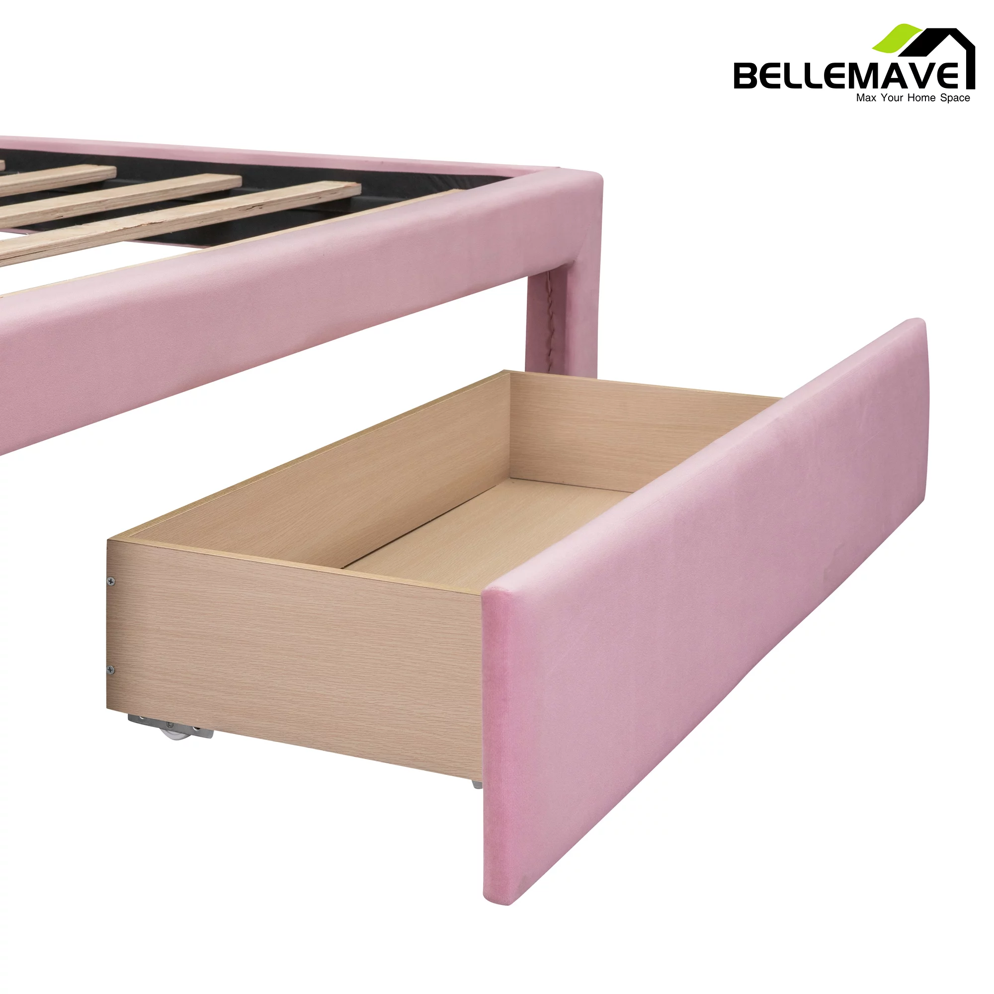 Bellemave Full Size Pink Velvet Upholstered Platform Bed with One Spacious Drawer and Wood Slats