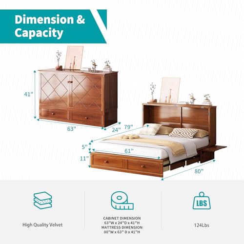 BALUS Murphy Bed Cabinet, 63" W Queen Cabinet Cube Chest Bed with Tri-fold Mattress, Charging Station