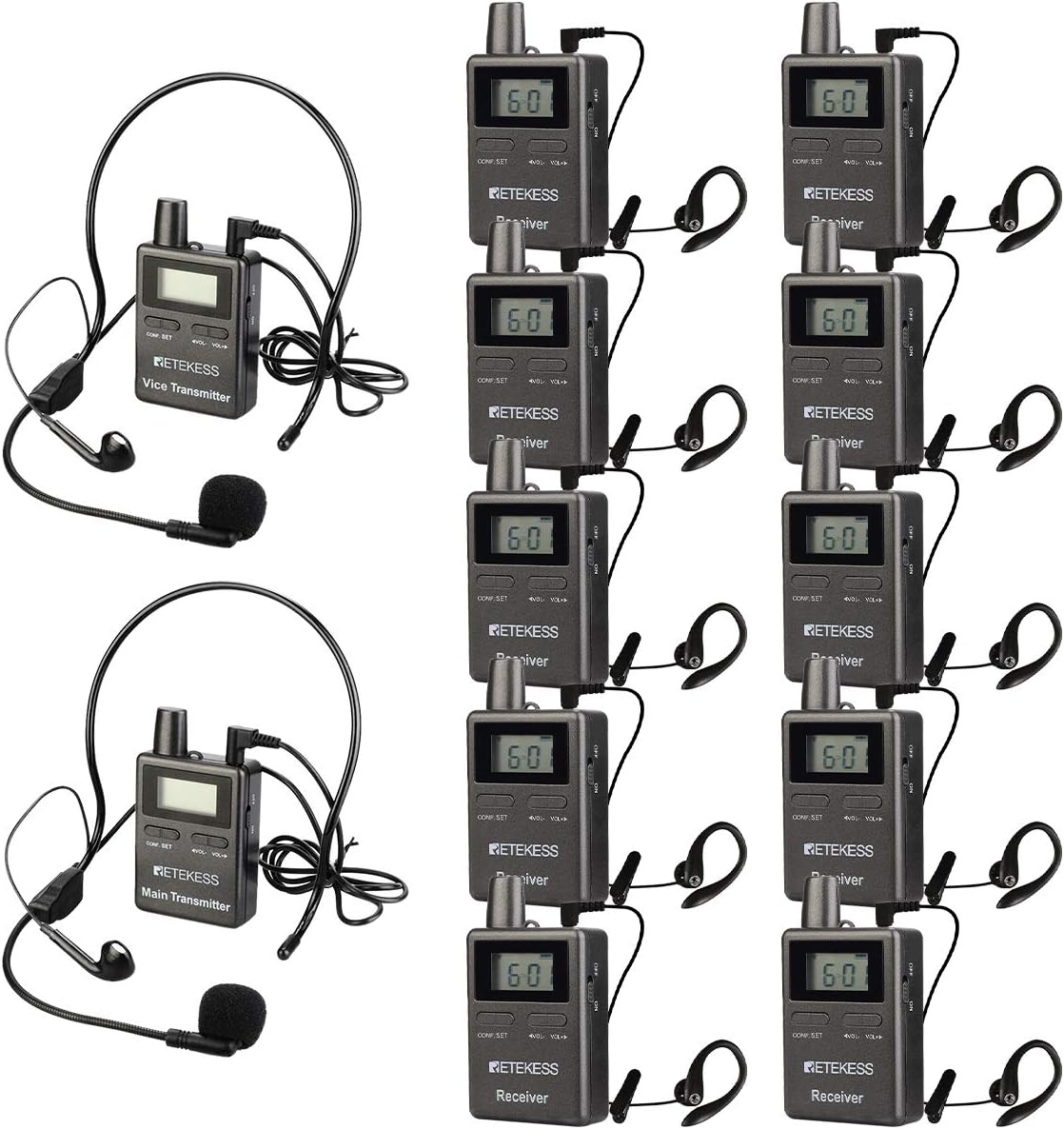 Retekess Case of 2 Transmitters and 10 Receivers, TT105,Wireless Tour Guide System,Two-Way Multichannel Translation System