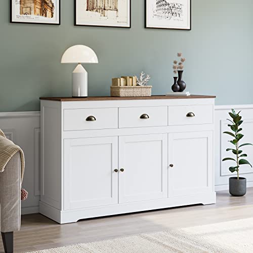 Keyluv White Buffet Cabinet Storage Sideboard Farmhouse Server Bar Wine Cabinet with 3 Drawers & 3 Doors Adjustable Shelves Console Table for Dining