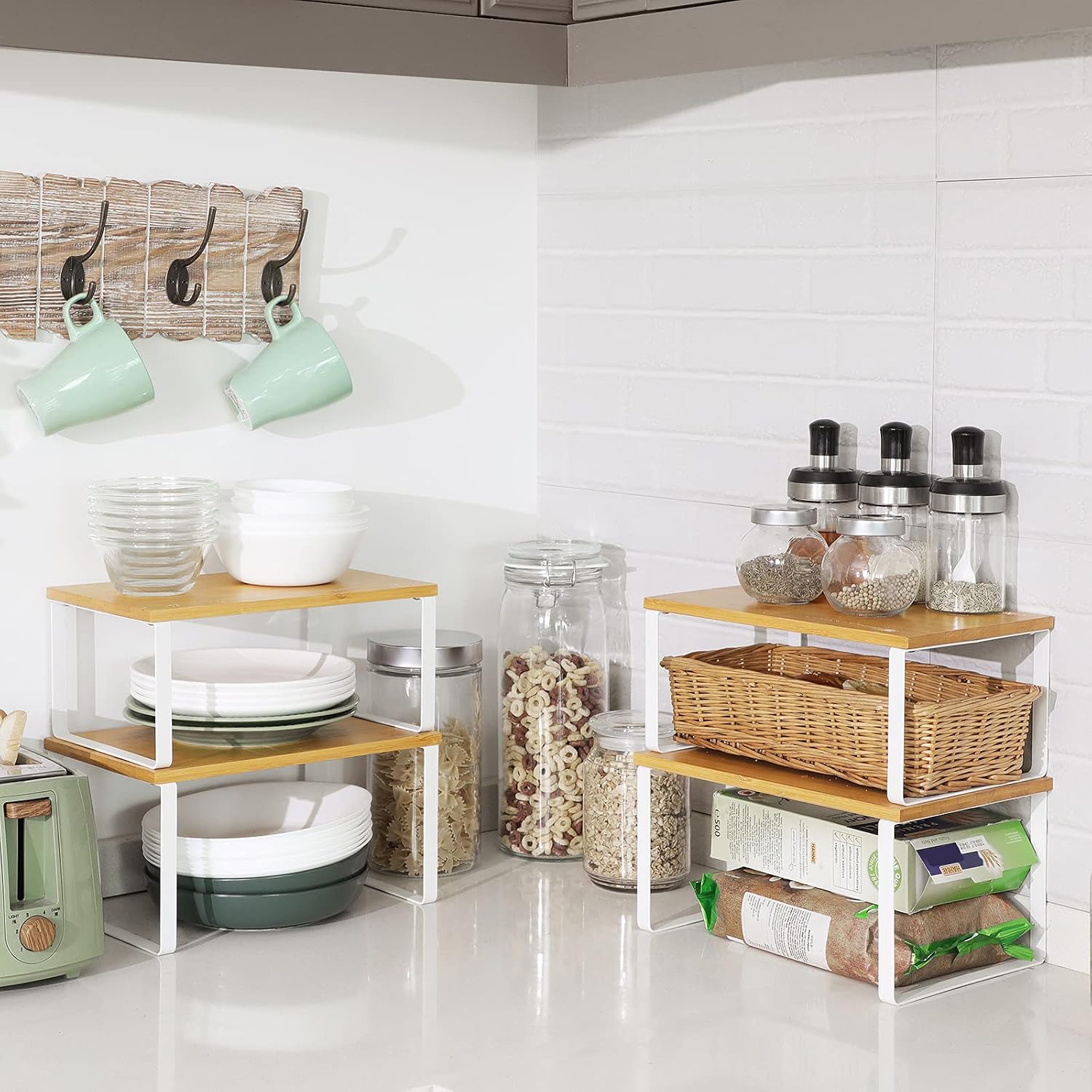 SONGMICS Cabinet Organizer Shelf, Set of 4 Kitchen Counter Shelves, Kitchen Storage, Spice Rack, Stackable, Expandable, Metal and Engineered Wood