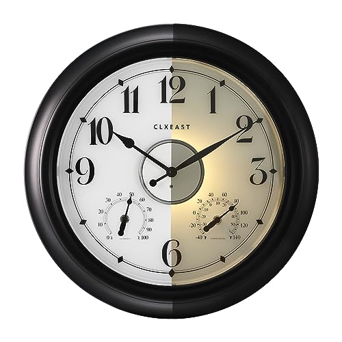 Illuminated Outdoor Clocks Waterproof 18 inch with Smart Sensor,Large Outdoor Clock with Thermometer & Hygrometer for Garden Patio Pool