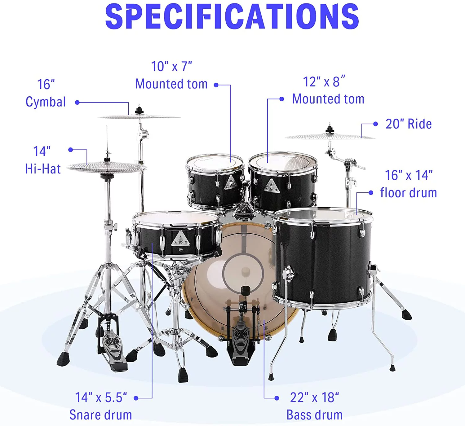 Donner Drum Set Adult with Silent System, 5-Piece Full Size Professional Drum Kit Black - Curated Treasures Market