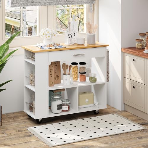 Shintenchi Rolling Kitchen Island Cart with Folding Drop Leaf Breakfast Bar, Portable Trolley Island with Large Storage Cabinet, Shelf and Drawer