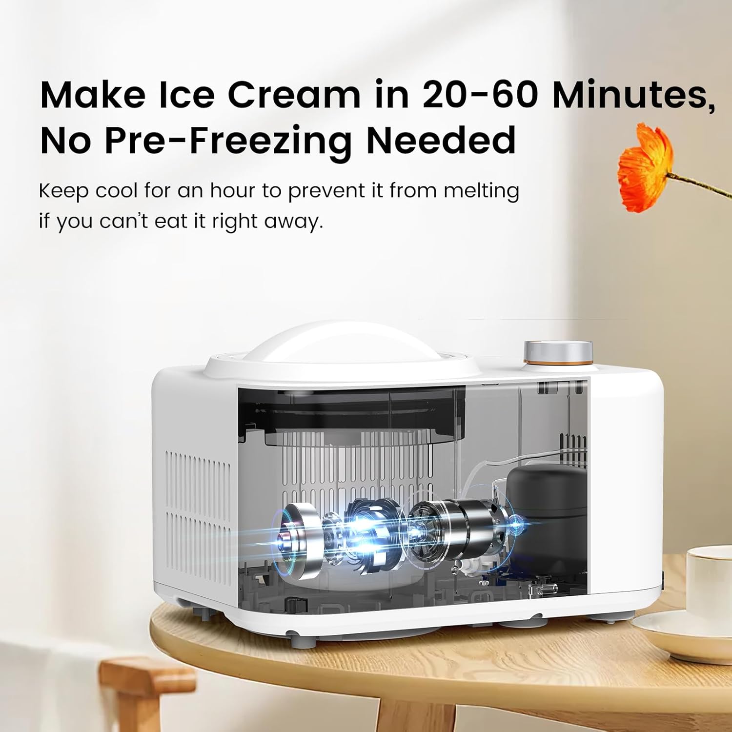 COWSAR 1 Quart Ice Cream Maker Machine with Built-in Compressor, Fully Automatic, No Pre-freezing, 1 Hour Keep-cooling, Easy to Clean