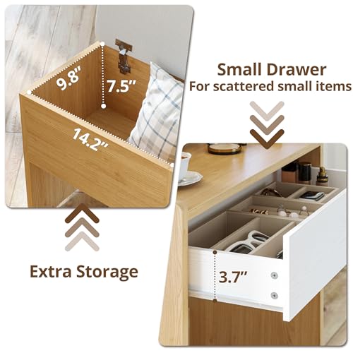 LIKIMIO Small Makeup Vanity Desk with Mirror and Lights, Vanity Table Set with Storage Drawer, Chair and Three Shelves, Bedroom, White