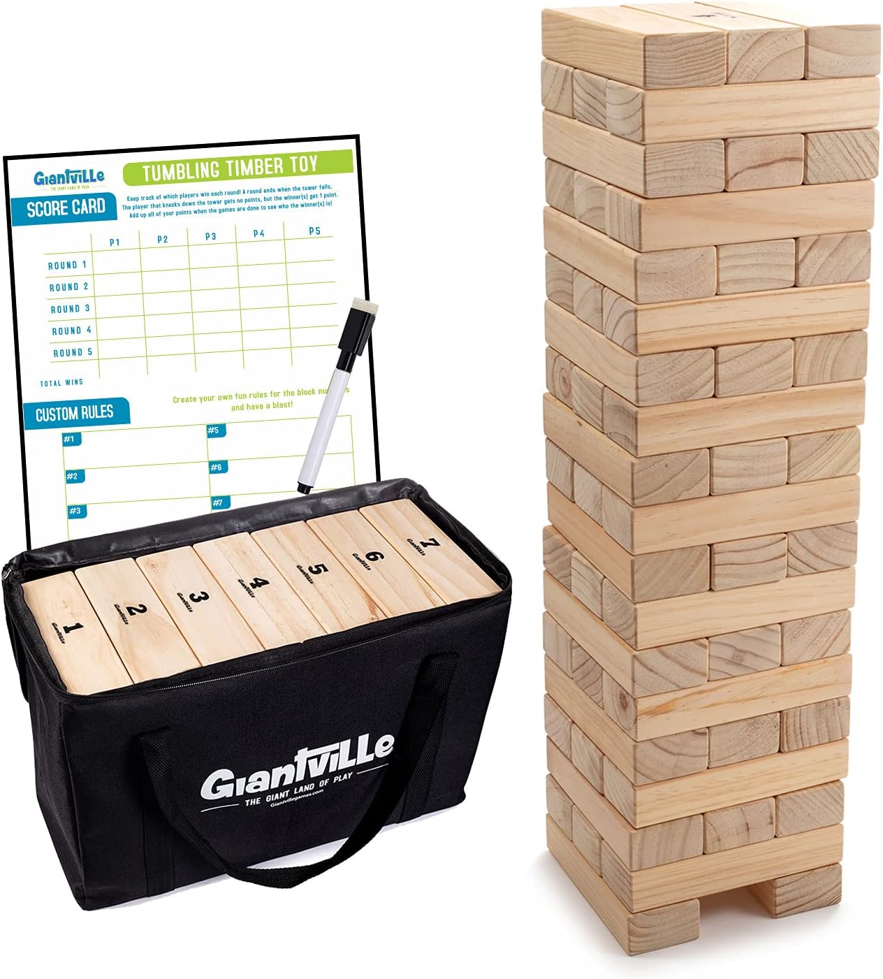 Giant Tumbling Timber Toy - Jumbo JR. Wooden Blocks Floor Game for Kids and Adults, 56 Pieces, Premium Pine Wood, Carry Bag