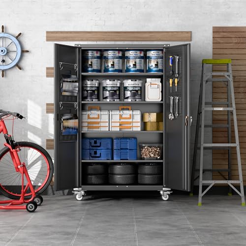 71" Metal Storage Cabinet with Wheels and Pegboard, Lockable Rolling Steel Storage Cabinet with 5 Adjustable Shelves and Door for Garage, Office