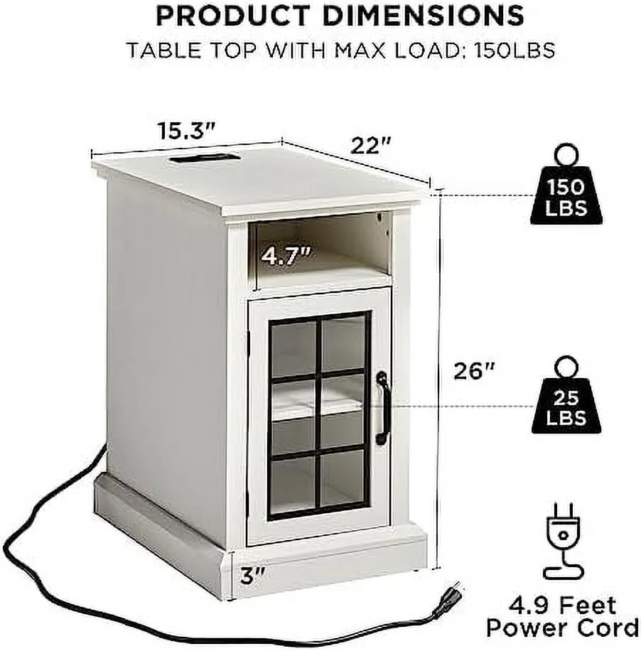 Set of 2 End Table with Charging Station&amp;USB Ports   Side Table Cabinet with Glass Door for Living Room  Bedroom  Distressed White