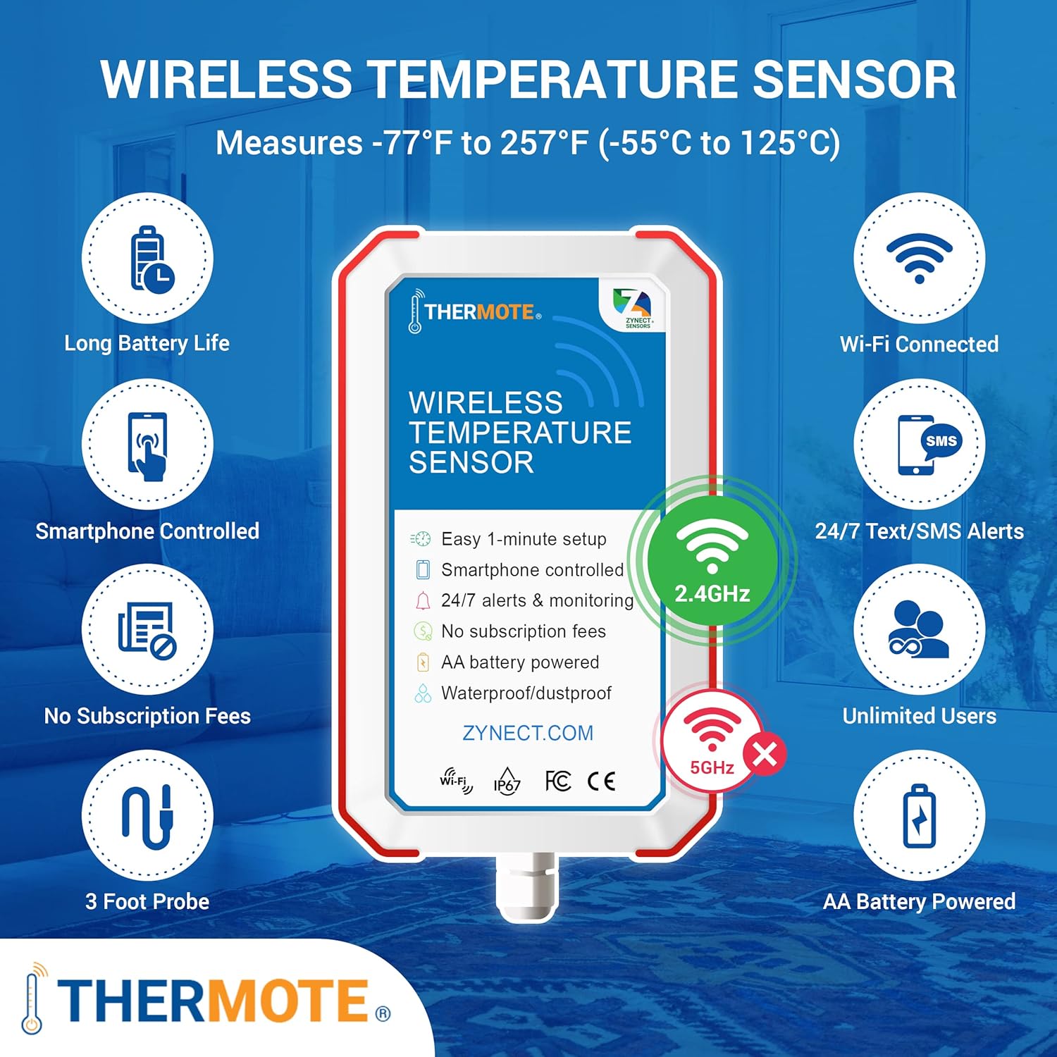 Zynect Thermote Wireless Remote Temperature Sensor.WiFi Thermometer Temperature Monitor Text Alerts Room Thermometer 24/7 Monitoring. Water/Dust