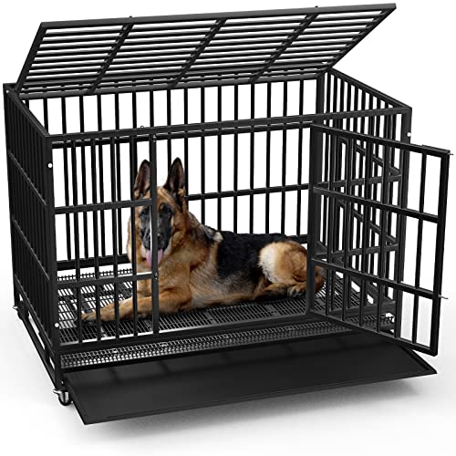 LEMBERI 48/38 inch Heavy Duty Indestructible Dog Crate, Escape Proof Dogs Cage Kennel with Lockable Wheels,High Anxiety Double Door Kennel