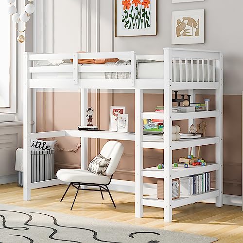Harper & Bright Designs Full Loft Bed with Desk and Wardrobe,Solid Wood Loft Bed Frame Full with Storage Drawers for Kids Teens Adults