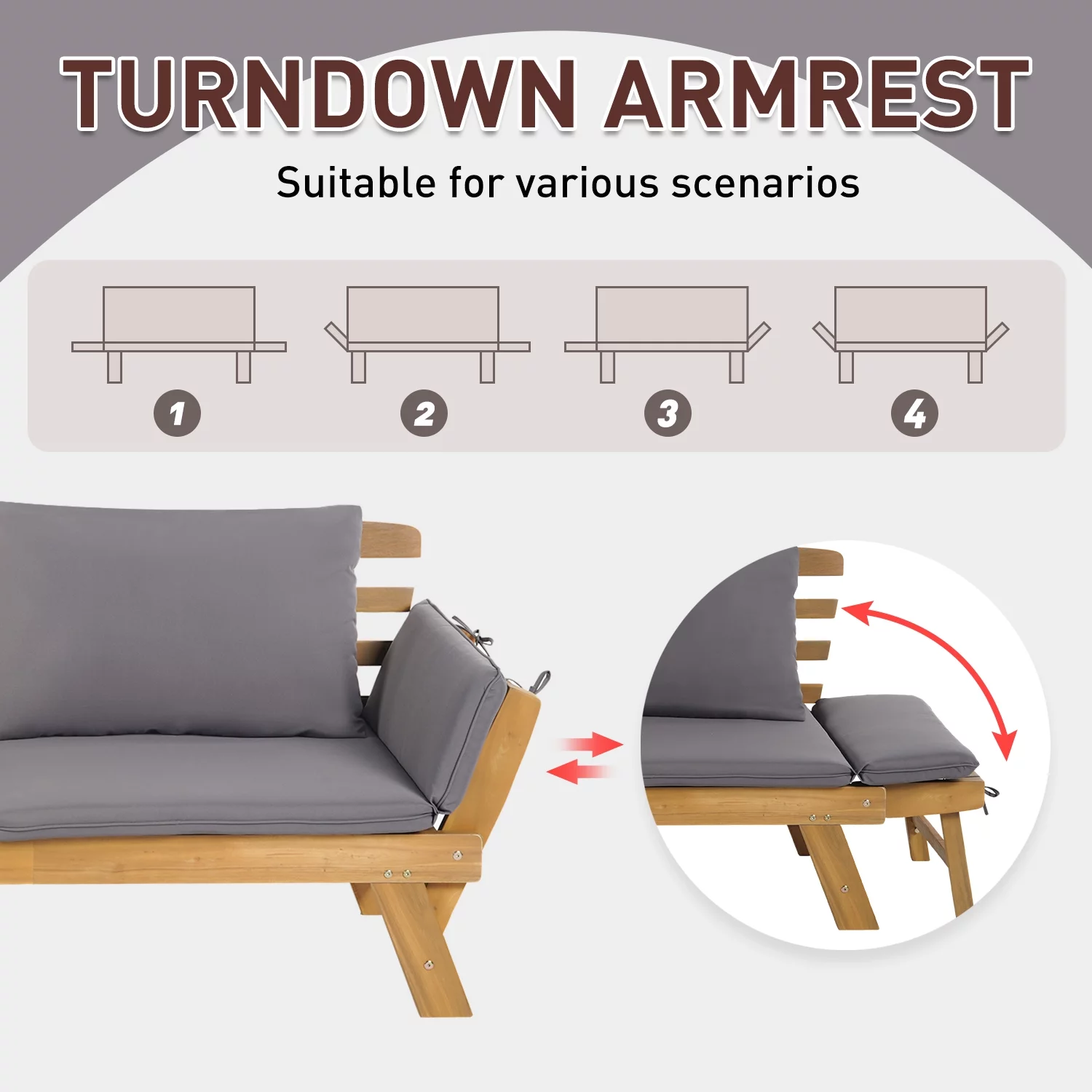 FDW Outdoor Couch Patio Couch Daybed with Adjustable Armrest, Wooden Loveseat with Cushion and Pillow, and Expandable Plate （Gray）
