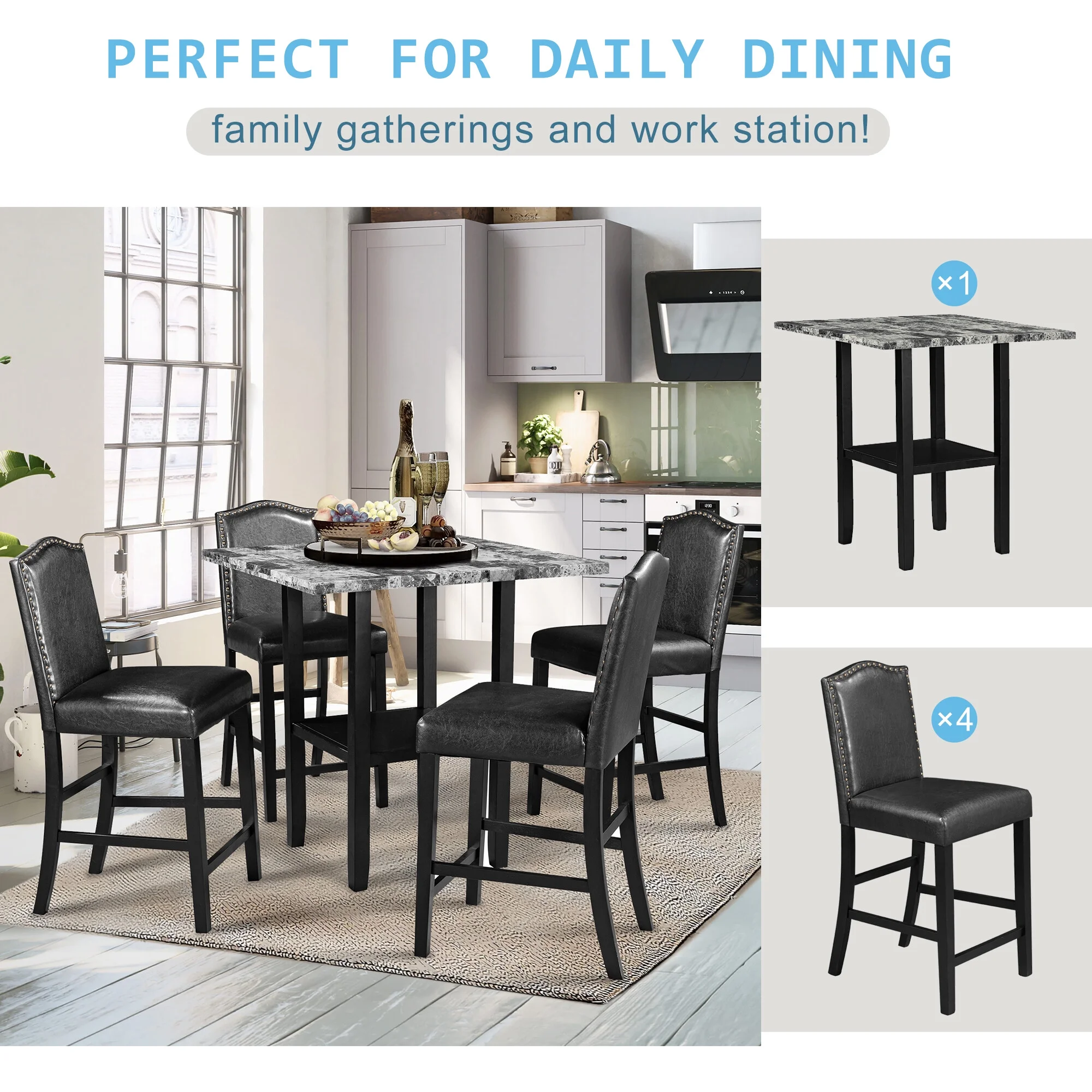 Infirleo 5 Piece Dining Sets, Kitchen Table Set with 4 Chairs, Solid Rubberwood Square Table and Upholstered Chair Set for Kitchen Dining Room