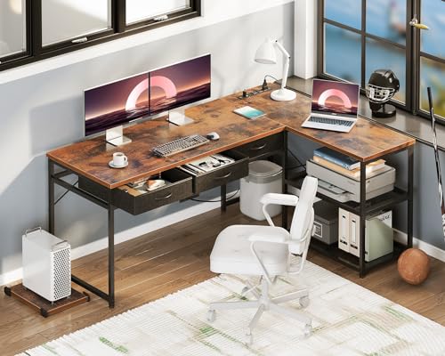 AODK 53 Inch L Shaped Computer Desk with Drawers, Corner Desk with Power Outlets & Reversible Storage Shelves