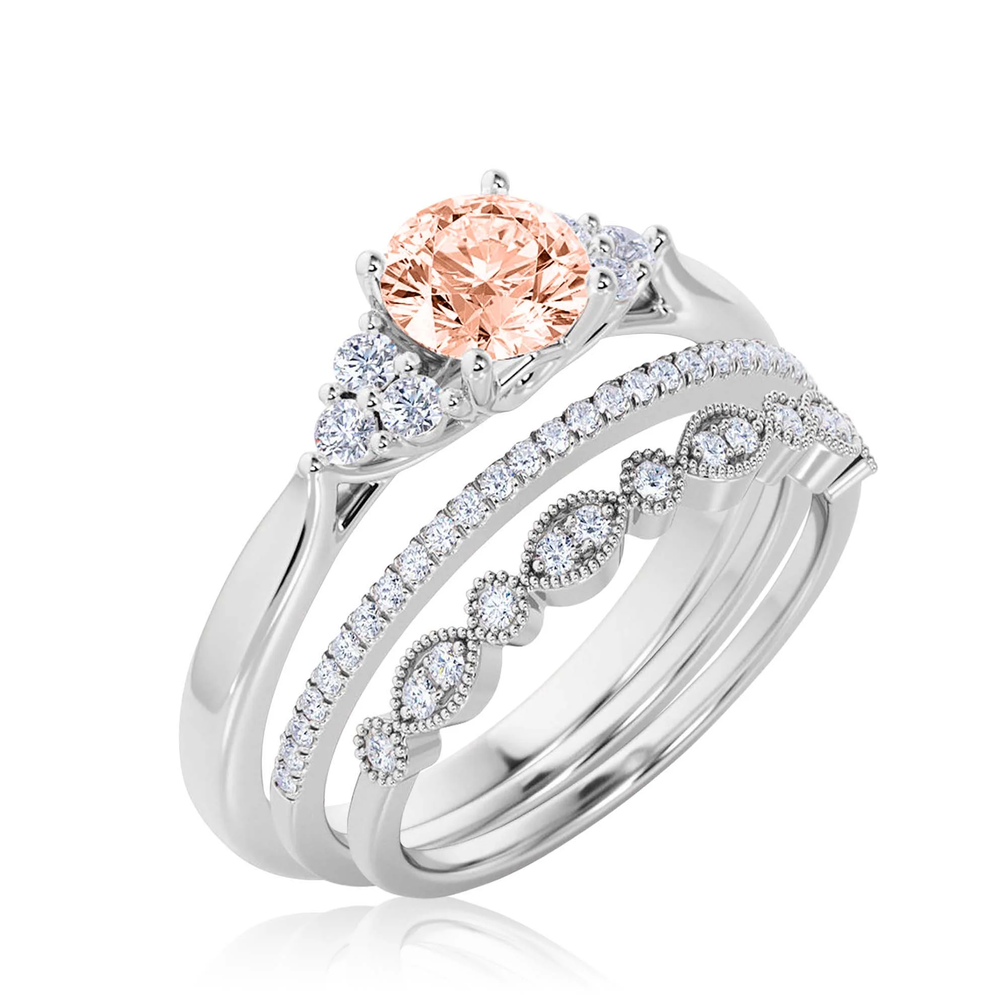 Dazzling Minimalist 2.25 Carat Round Cut, Affordable Morganite And Diamond Moissanite Engagement Ring, Wedding Ring