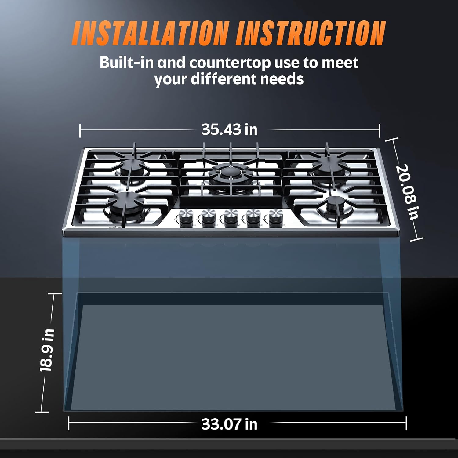 36 Inch Gas Cooktop, Maharlika Gas Stove Top Bulit-in with 5 Burner Stainless Steel Total 41,132 BTU, 36" NG/LPG Convertible Cooktops Dual Fuel