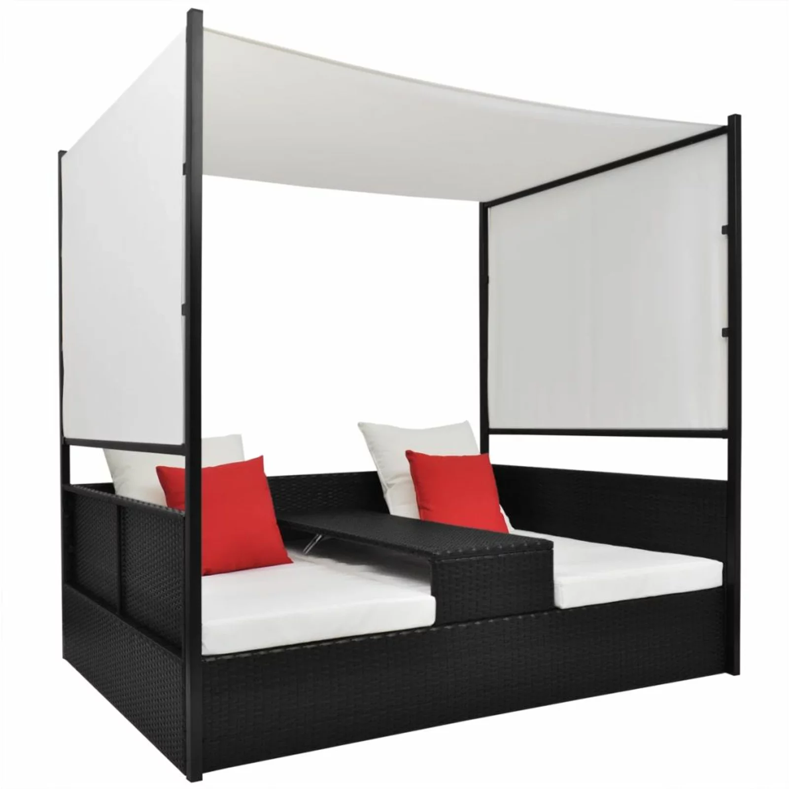 Dcenta 2-Person Sun Lounger with Canopy and Tea Table Outdoor Daybed Black Poly Rattan Double Chaise Lounge Bed for Patio, Garden, Backyard, Poolside