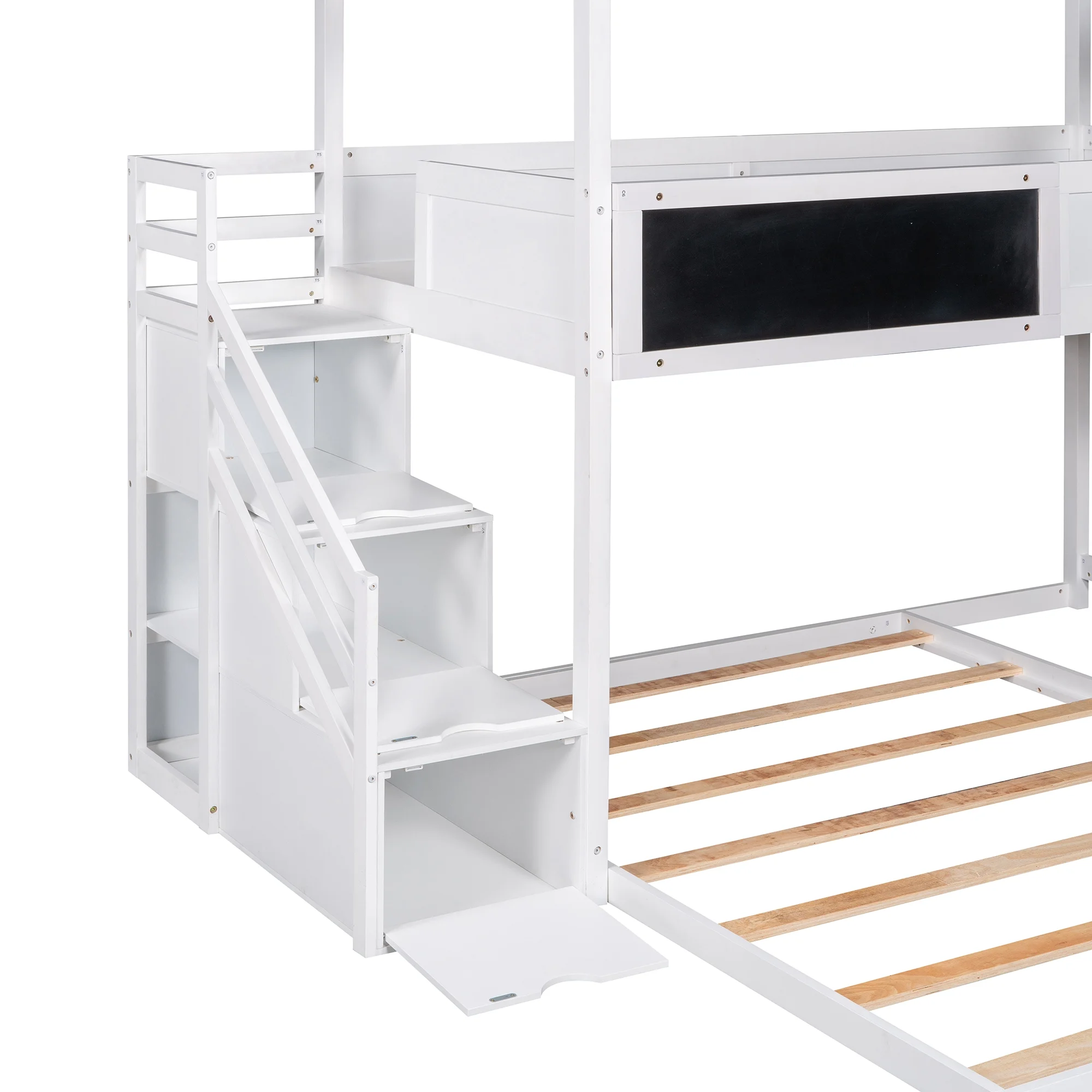 SYNGAR House Bunk Beds for Kids, Solid Wood Twin over Full Bunk Bed with Storage Staircase and Blackboard