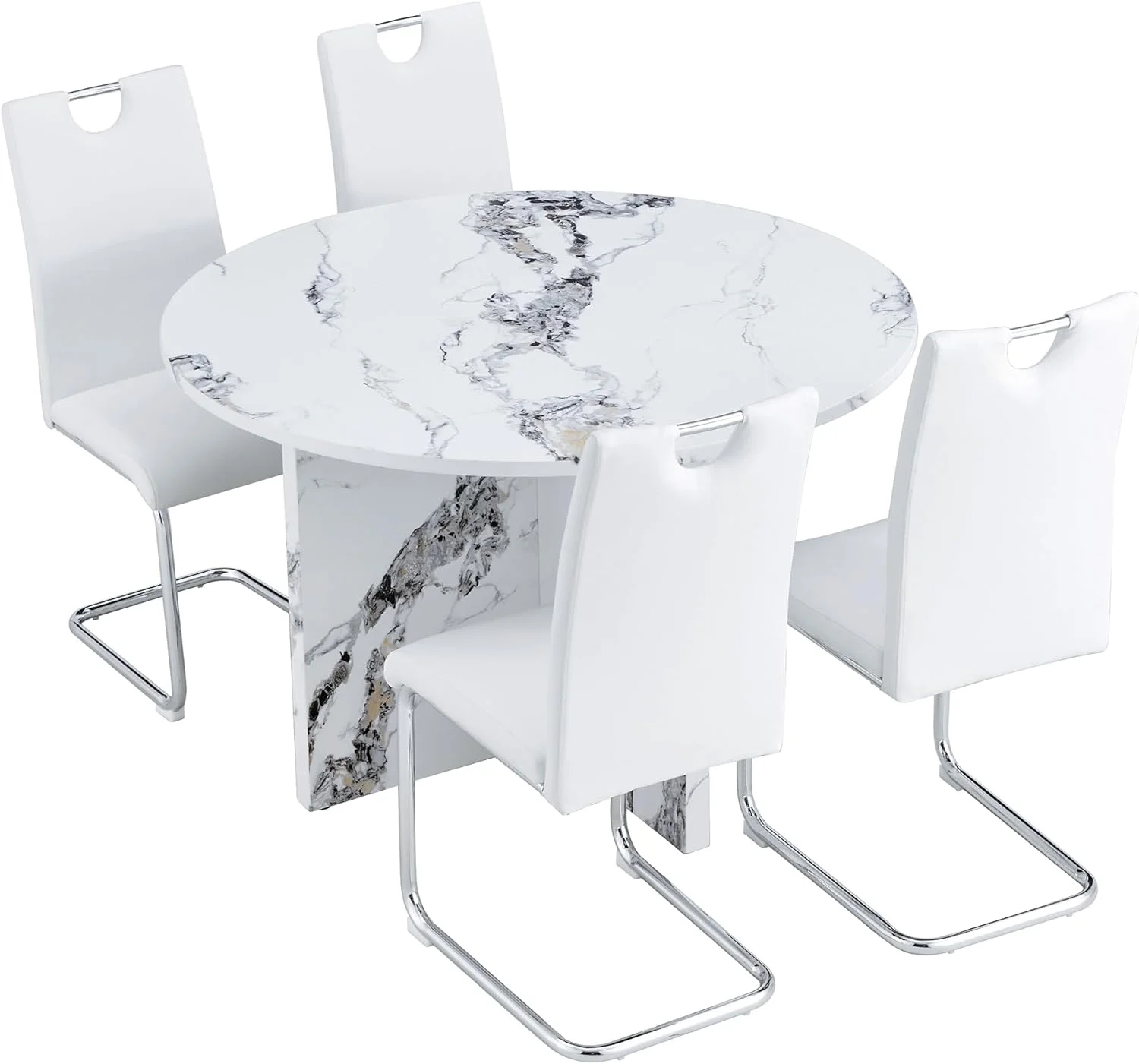 5 Piece Round Dining Table Set, 47 Inch Modern Kitchen Table With Small Dinner Table And 4 Chairs
