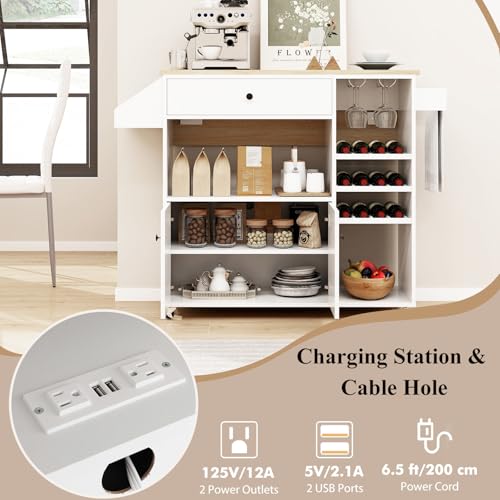 Rolling Kitchen Island with Drop Leaf & Power Outlet, Microwave Cart with Storage Cabinet, Drawer, Wine & Cup Holder, Spice & Towel Rack
