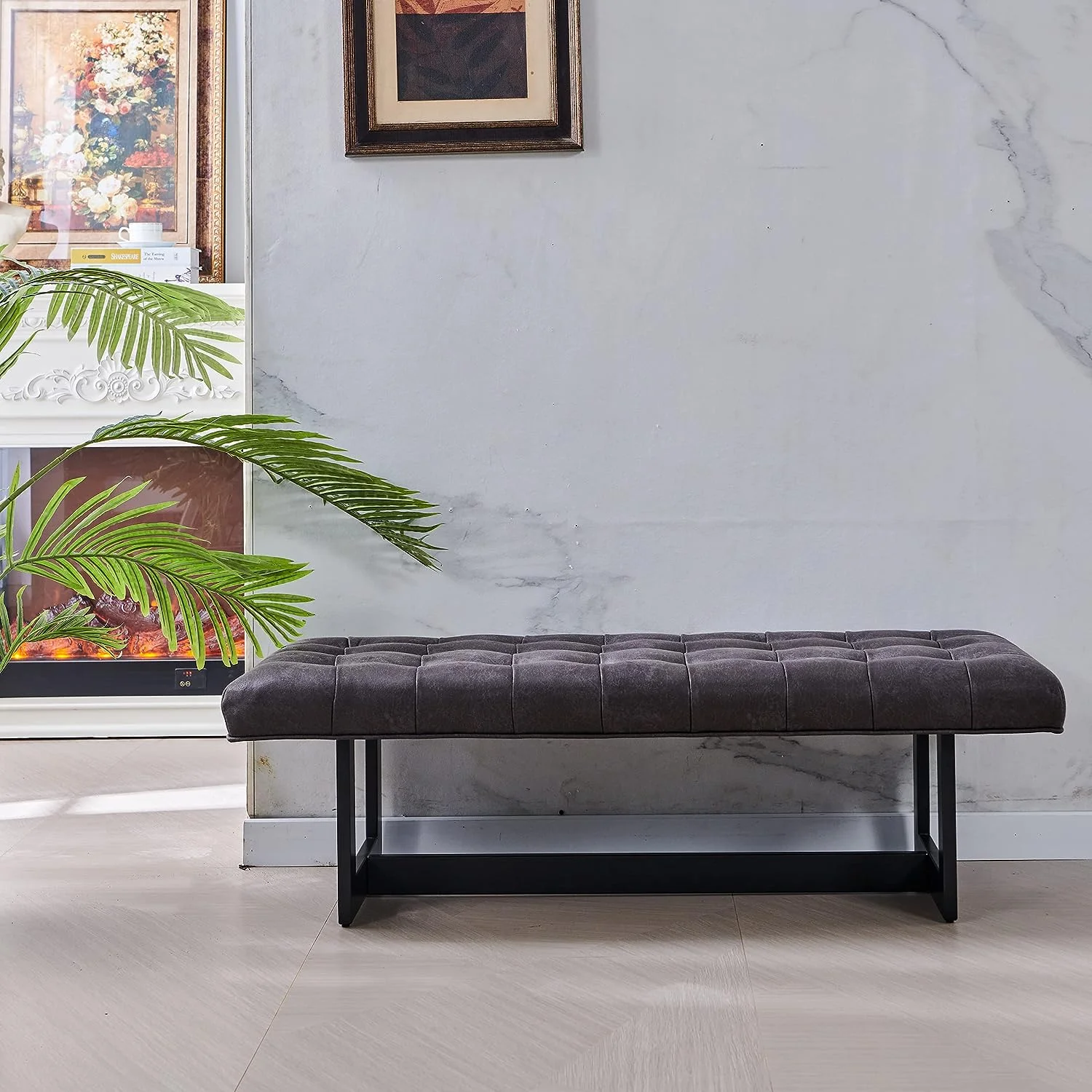 Nathaniel Home Button-Tufted Kids Ottoman, Upholstered Bedroom Benches, Vegan Leather Footrest Stool Accent Bench