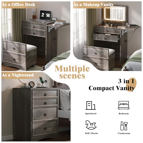 3-in-1 Vanity Set with LED Lighted Flip Top Mirror, Makeup Table with Fold-Up Panel, Hidden Stool, Charging Station