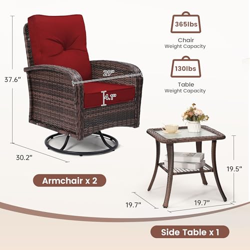 3 Piece Rattan Wicker Bistro Set, Outdoor Conversation Furniture Set with Glass Top Table, Space Saving for Balcony, Backyard, Natural