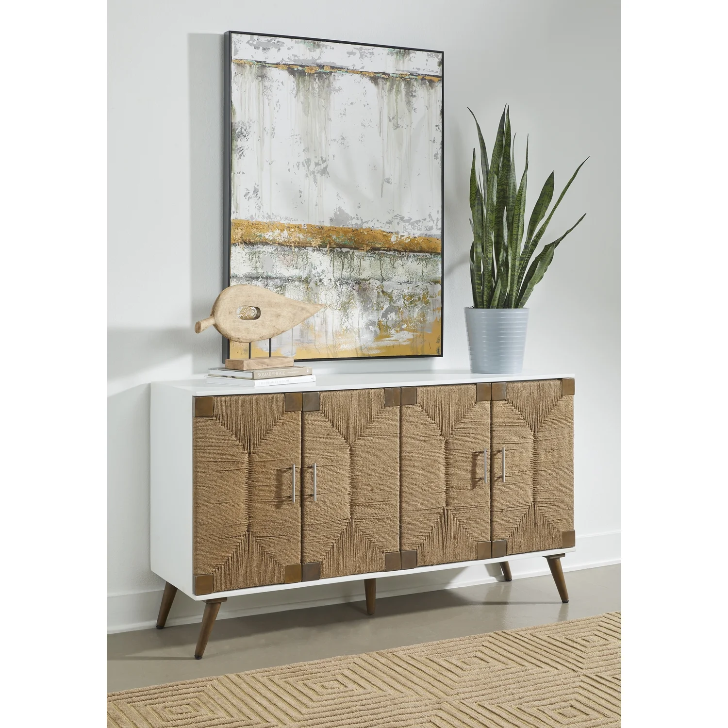 Coast To Coast Imports 4-Door Wood Credenza with Handwoven Jute Details in White