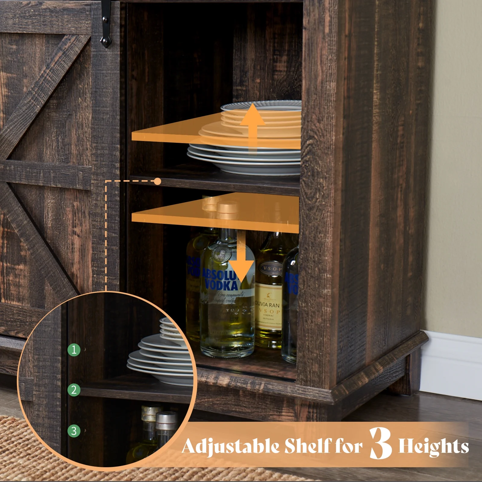 Amerlife Farmhouse Kitchen Cabinet Coffee Display Bar with LED Lights, Dark Rustic Oak