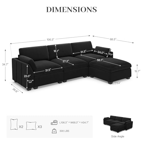 Belffin Extra Large Modular Sectional Sofa,106.3" 4-Seater L Shaped Couch,Velvet Convertible Sectional Couches for Living Room