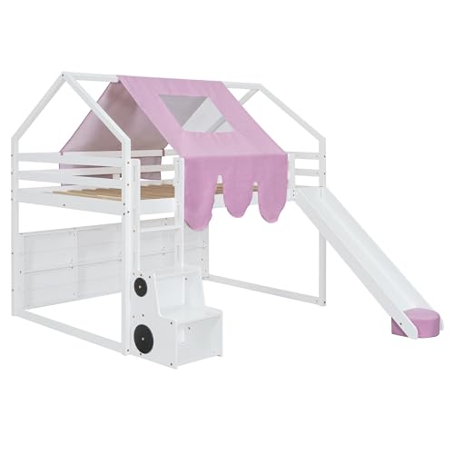 Harper & Bright Designs Kids Twin Low Loft Bed with Slide and Storage Shelves, Wood Playhouse Loft Bed Frame with a Tent & Stairs