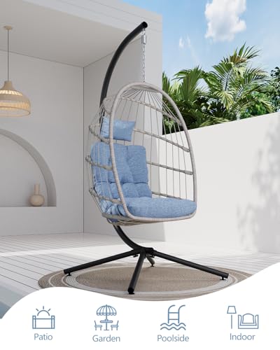 SWITTE Egg Chair Outdoor with Stand, Indoor Wicker Hanging Egg Swing Chair with Cushion, 350lbs Capacity for Patio, Bedroom, Garden - Gray