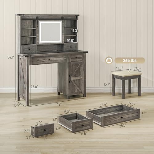 HOMCOM Farmhouse Vanity Desk with Mirror, LED Lights Makeup Vanity Table with 42 Inch Glass Tabletop, Cushioned Stool, Drawers & Shelves & Cabinet