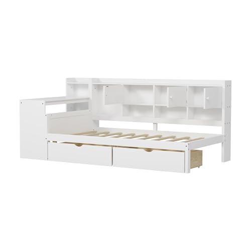 Corner Twin Bed Frame with Bookcase Storage and Desk, Wood Day Beds with 2 Drawers, Twin Size Daybed with Storage for Living Room